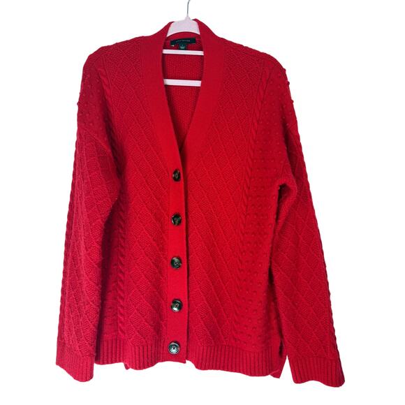 Ann Taylor Red Long Sleeve Cable Knit V-neck Cardigan Casual Cozy Sweater Size L - Picture 1 of 9